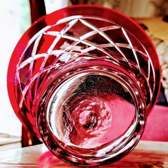 Bohemian Cut Crystal Basket/Vase- Red.         6" Tall x 7" Wide - Picture 4 of 5